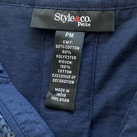 Style & Co Navy Blue Button Split Neck Sequin & Embroidery Top PM Blue #61P - Picture 7 of 8